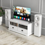 Modern White Coffee Table with Storage Drawers and Open Shelves