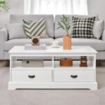 Modern White Coffee Table with Storage Drawers and Open Shelves