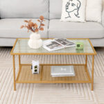 Golden 2-Tier Coffee Table with Tempered Glass Top and Shelf