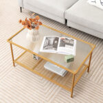 Golden 2-Tier Coffee Table with Tempered Glass Top and Shelf