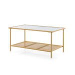 Golden 2-Tier Coffee Table with Tempered Glass Top and Shelf