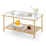 Golden 2-Tier Coffee Table with Tempered Glass Top and Shelf