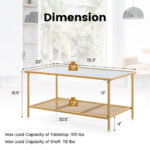 Golden 2-Tier Coffee Table with Tempered Glass Top and Shelf