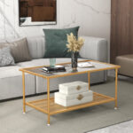 Golden 2-Tier Coffee Table with Tempered Glass Top and Shelf