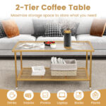 Golden 2-Tier Coffee Table with Tempered Glass Top and Shelf