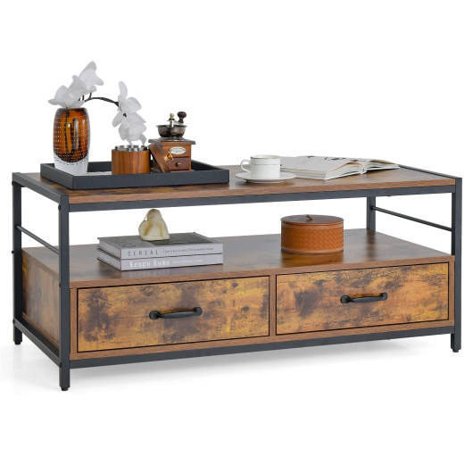 Rustic Brown Coffee Table with Storage Drawers and Open Shelf 3 Rustic Brown Coffee Table with Storage Drawers and Open Shelf - Image 3