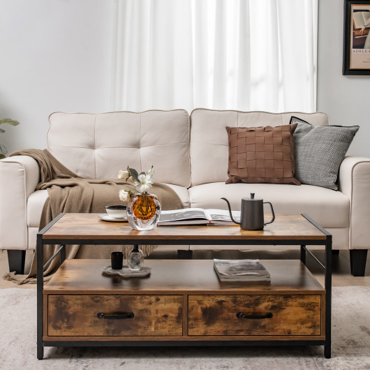 Rustic Brown Coffee Table with Storage Drawers and Open Shelf 6 Rustic Brown Coffee Table with Storage Drawers and Open Shelf - Image 6
