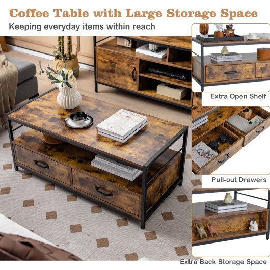 Rustic Brown Coffee Table with Storage Drawers and Open Shelf 7 Rustic Brown Coffee Table with Storage Drawers and Open Shelf - Image 7