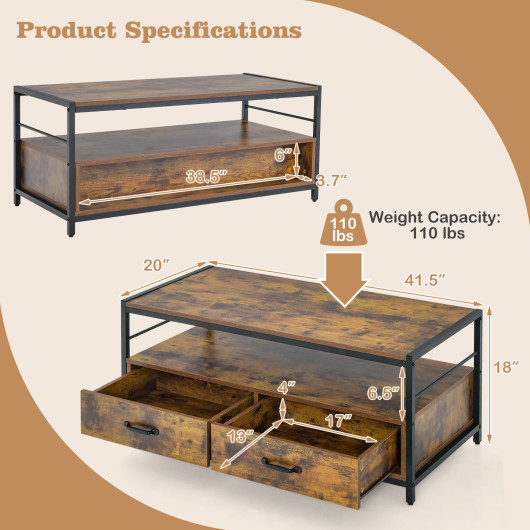 Rustic Brown Coffee Table with Storage Drawers and Open Shelf 5 Rustic Brown Coffee Table with Storage Drawers and Open Shelf - Image 5