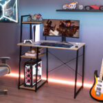 Space-Saving Computer Desk with Shelves and Host Stand