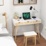 Compact Computer Desk with Drawers and Rubberwood Legs for Home Office