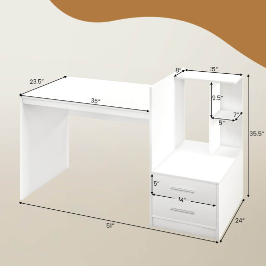 White Computer Desk with Bookshelf and Drawers for Home Office 4 White Computer Desk with Bookshelf and Drawers for Home Office - Image 4