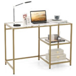 Gold Glass Console Table with 2 Shelves and Metal Frame