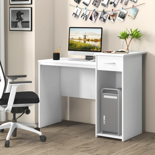 Modern White Computer Desk with Drawer and Adjustable Shelf
