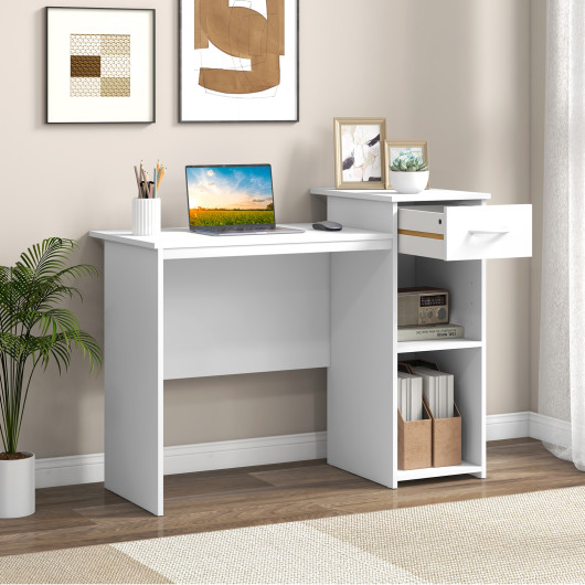 Modern White Computer Desk with Drawer and Adjustable Shelf - Image 2