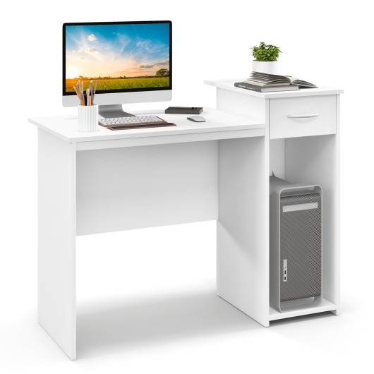 Modern White Computer Desk with Drawer and Adjustable Shelf - Image 3
