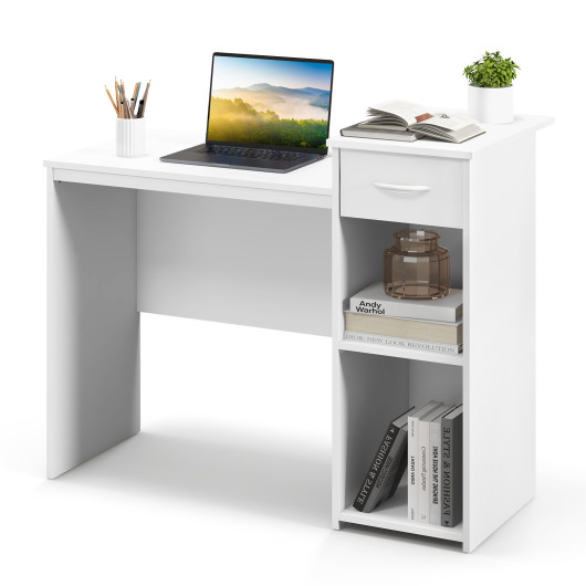 Modern White Computer Desk with Drawer and Adjustable Shelf - Image 4
