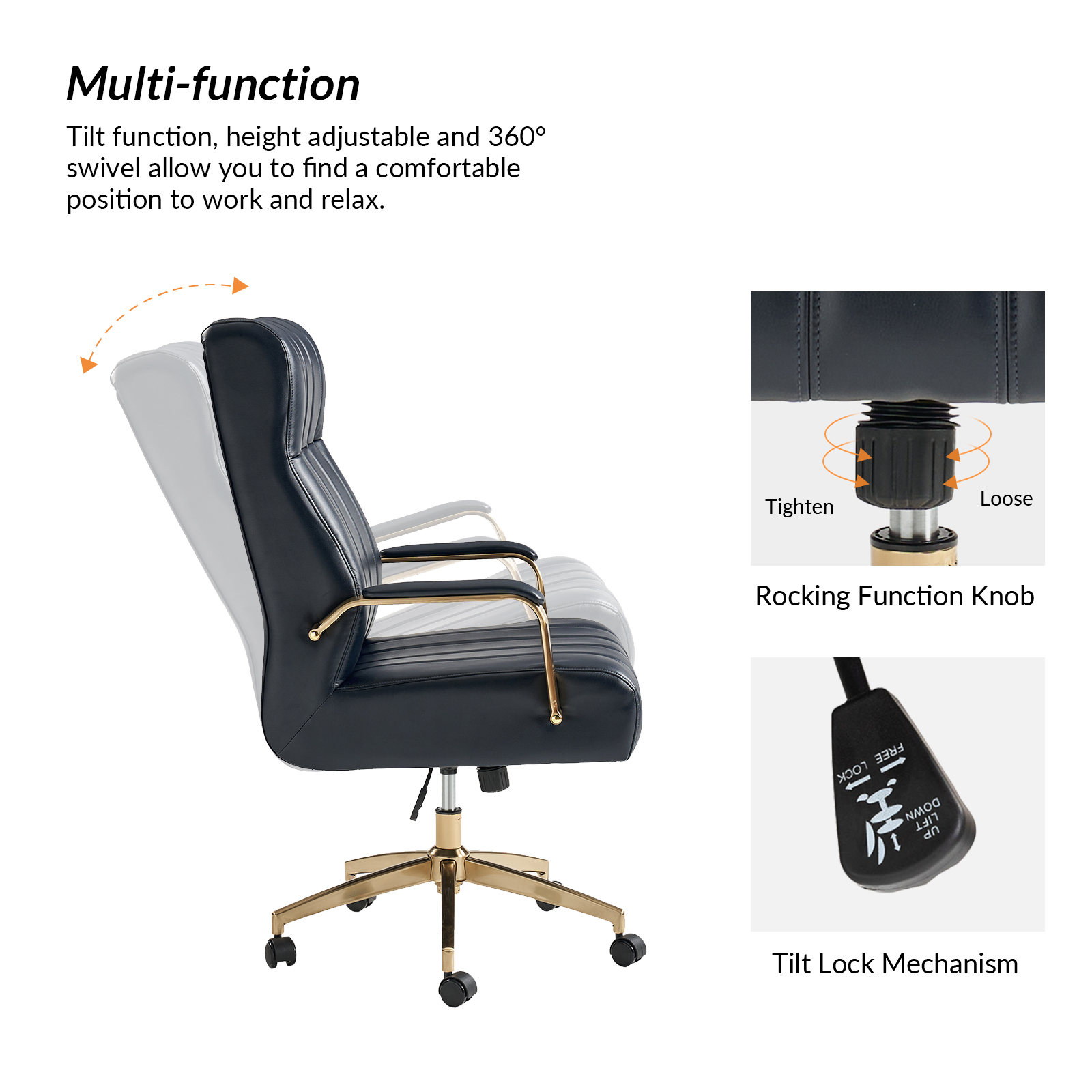 Conan Navy Leather Mid-Century Modern Ergonomic Executive Office Chair 3 Conan Navy Leather Mid-Century Modern Ergonomic Executive Office Chair - Image 3