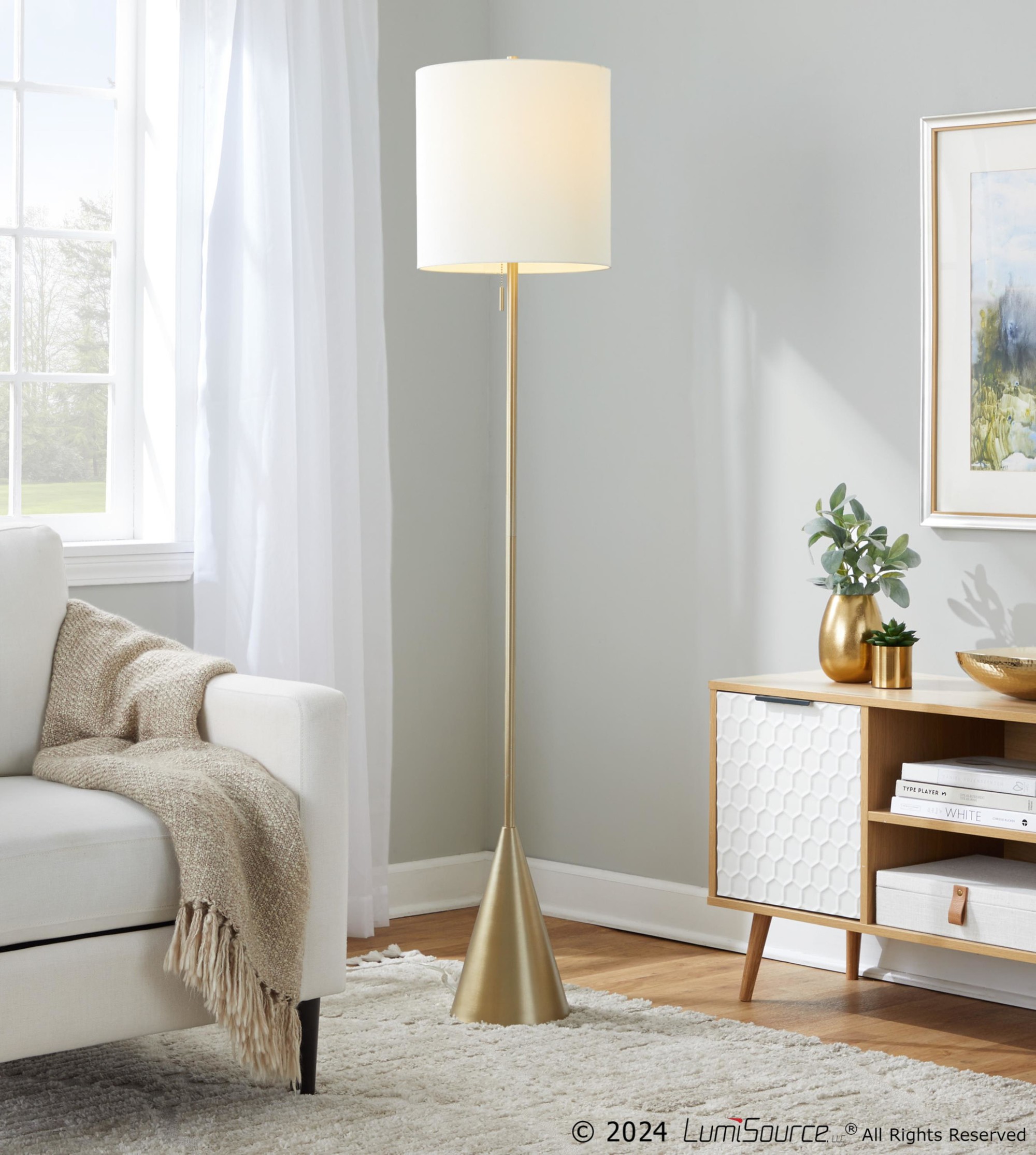Cone 64 Contemporary Gold Metal and Linen Floor Lamp 2 Cone 64 Contemporary Gold Metal and Linen Floor Lamp - Image 2