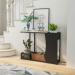 Modern Black Console Table with Faux Marble Top and Plant Holders