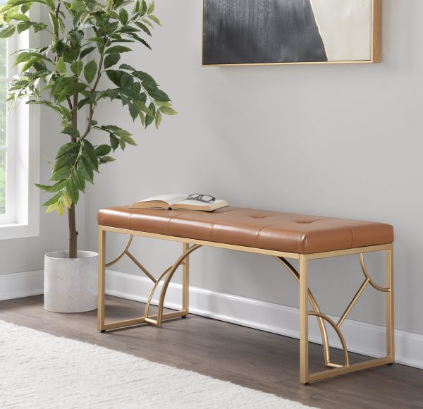 Constellation Contemporary Camel Faux Leather and Gold Metal Bench