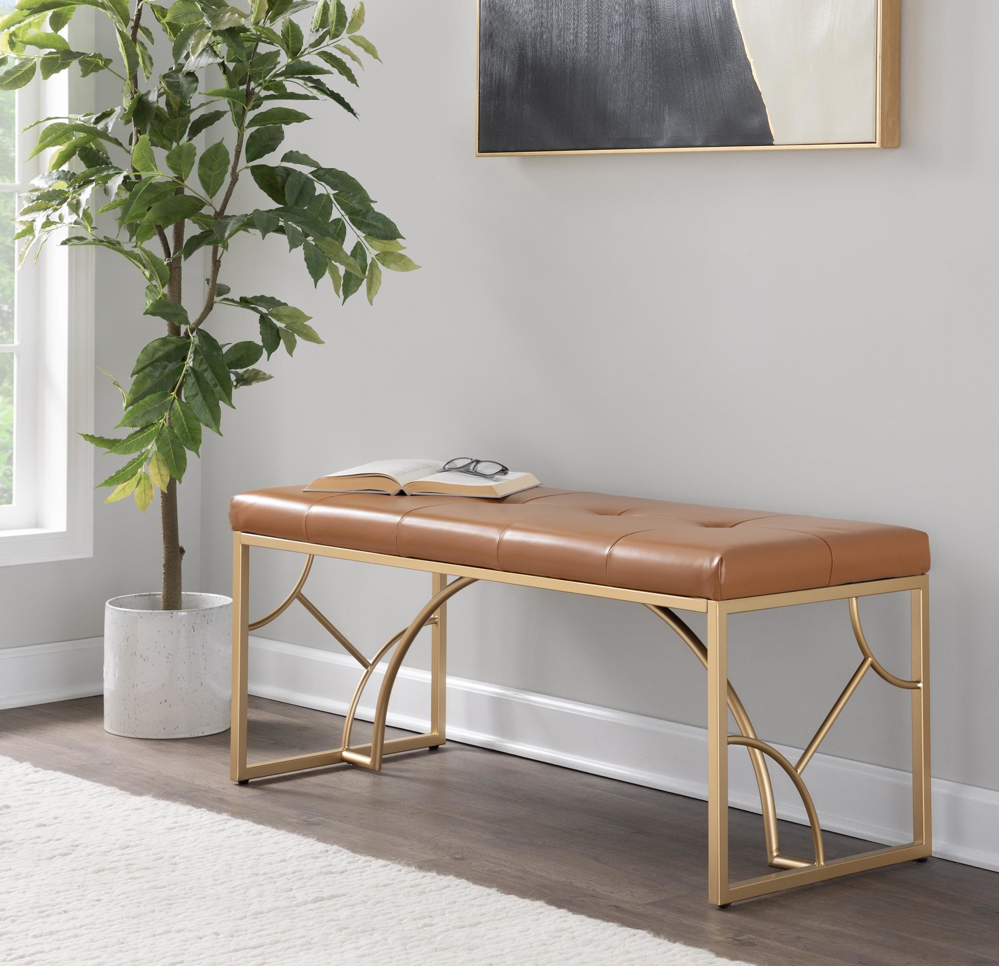 Constellation Contemporary Camel Faux Leather and Gold Metal Bench 1 Constellation Contemporary Camel Faux Leather and Gold Metal Bench