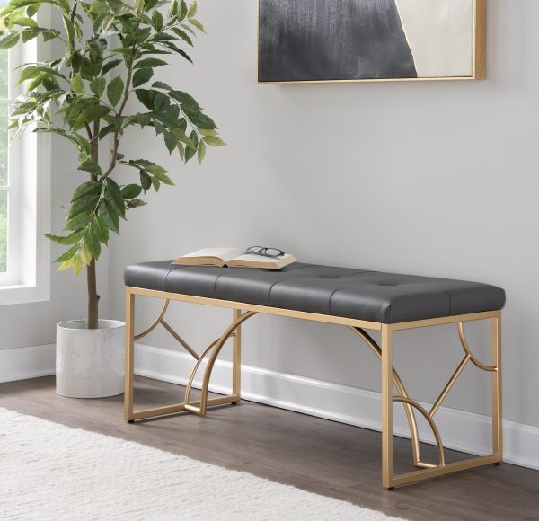 Constellation Contemporary Gold Frame Grey Faux Leather Bench