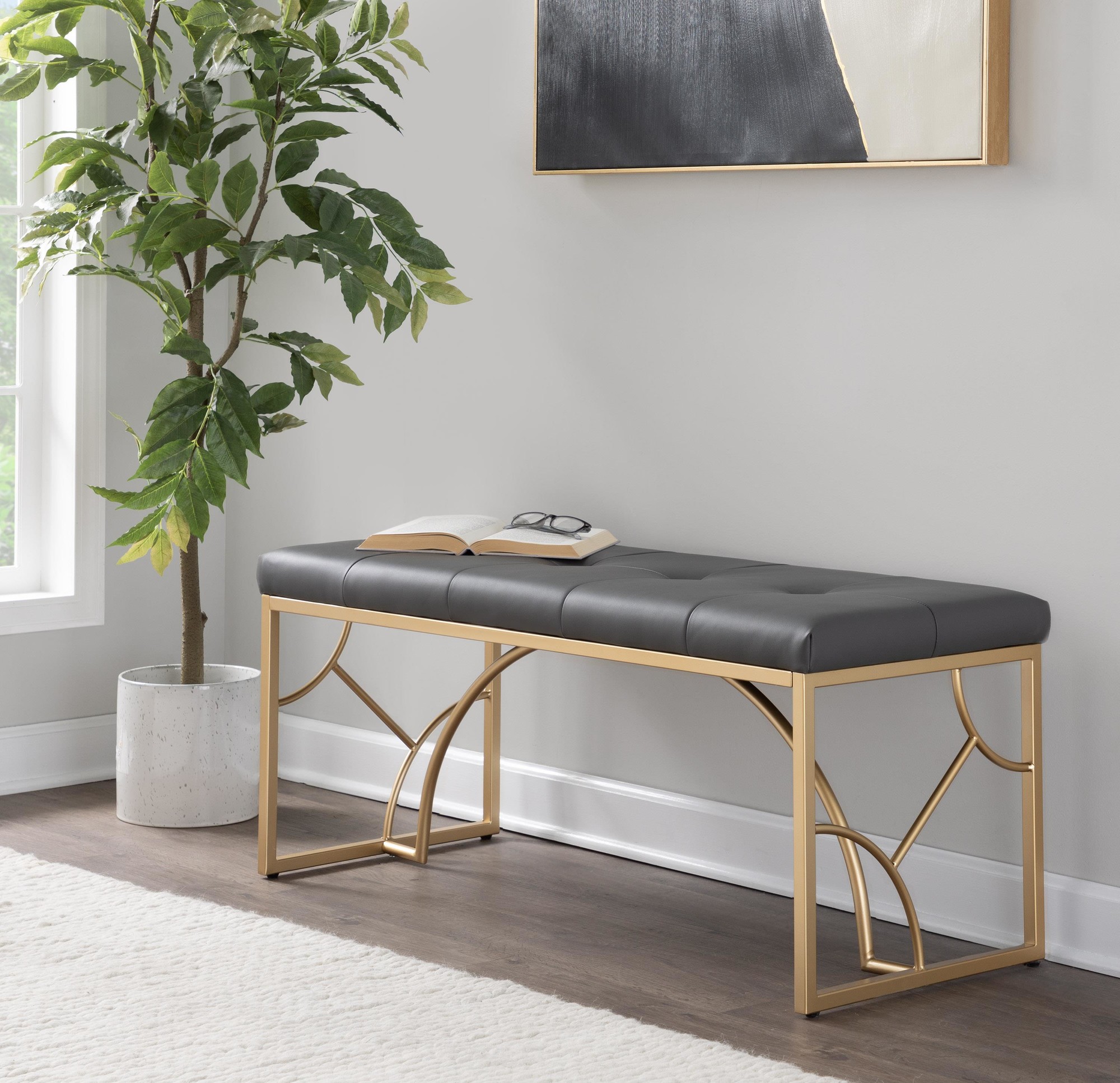 Constellation Contemporary Gold Frame Grey Faux Leather Bench 1 Constellation Contemporary Gold Frame Grey Faux Leather Bench