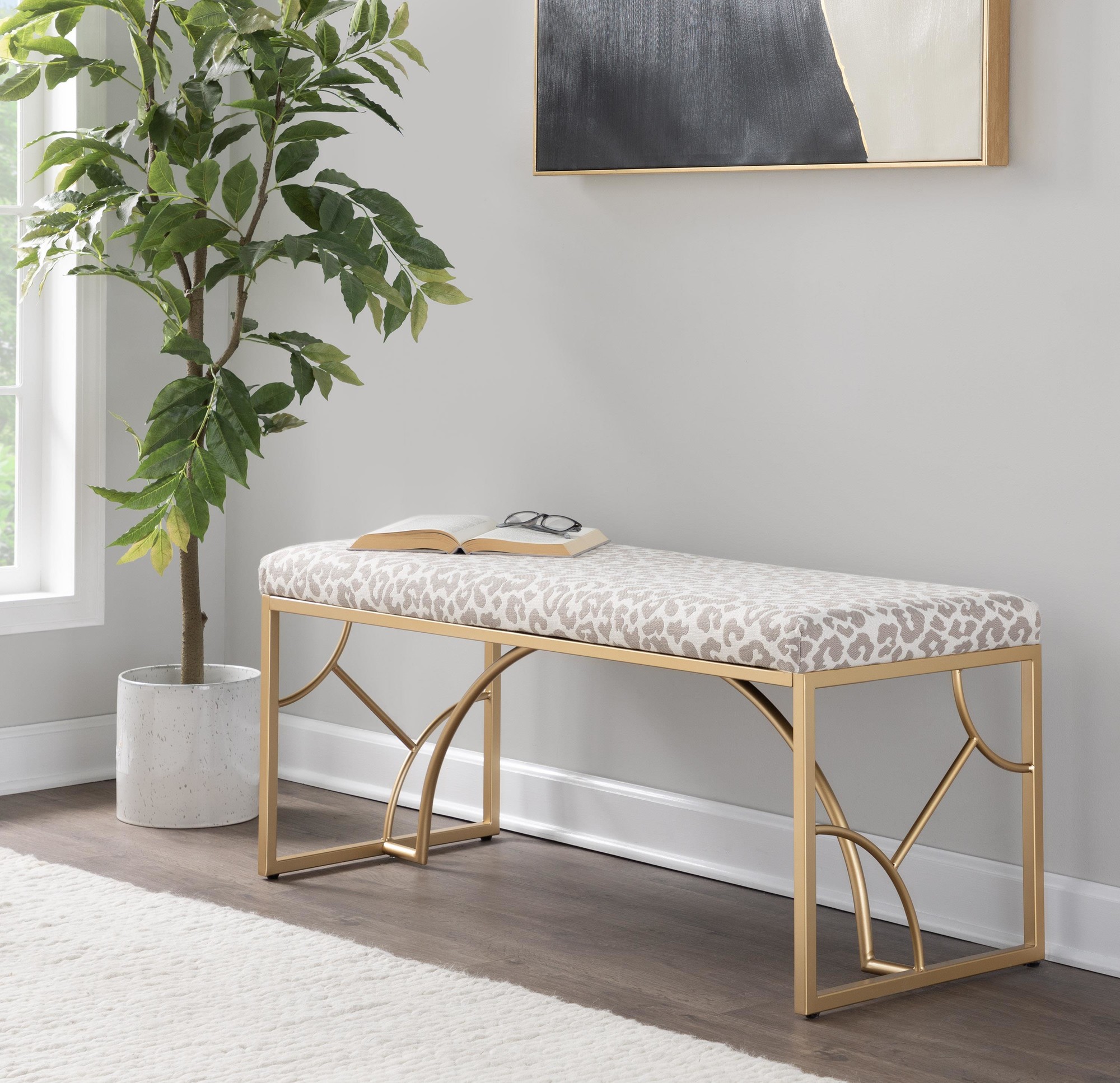 Constellation Contemporary Gold Leopard Fabric Bench Seats Two 1 Constellation Contemporary Gold Leopard Fabric Bench Seats Two