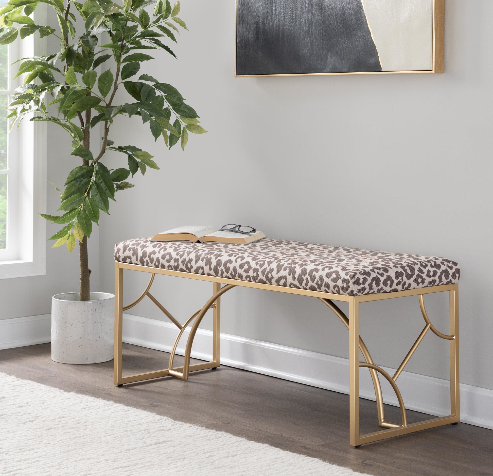 Constellation Contemporary Gold Metal Beige Leopard Fabric Bench 435-Inch 1 Constellation Contemporary Gold Metal Beige Leopard Fabric Bench 435-Inch
