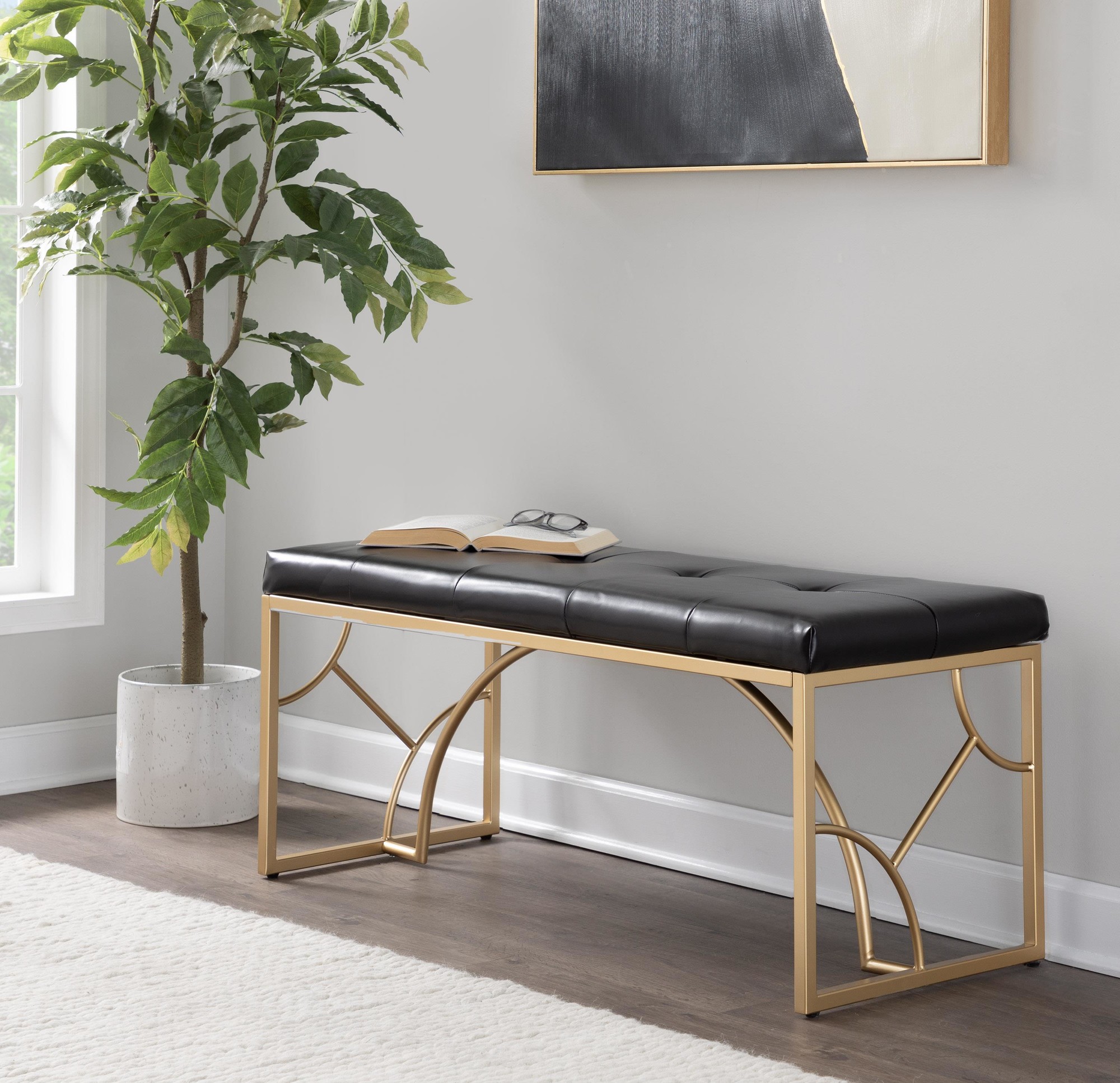 Constellation Contemporary Gold and Black Faux Leather Bench 1 Constellation Contemporary Gold and Black Faux Leather Bench