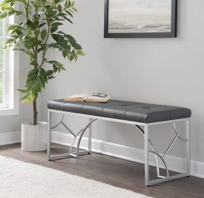 Constellation Contemporary Grey Faux Leather Silver Metal Bench