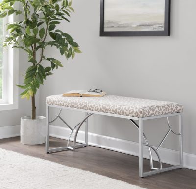 Constellation Contemporary Silver Metal Grey Leopard Fabric Bench