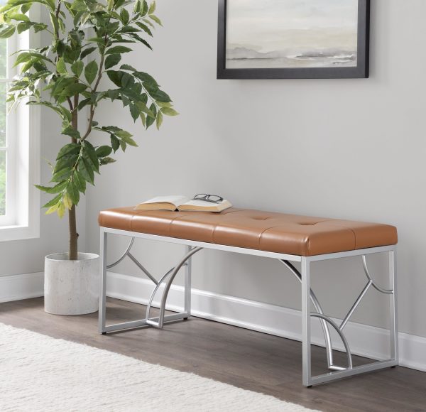 Constellation Contemporary Silver Metal and Camel Faux Leather Bench