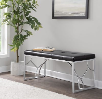 Constellation Silver Metal and Black Faux Leather Contemporary Bench