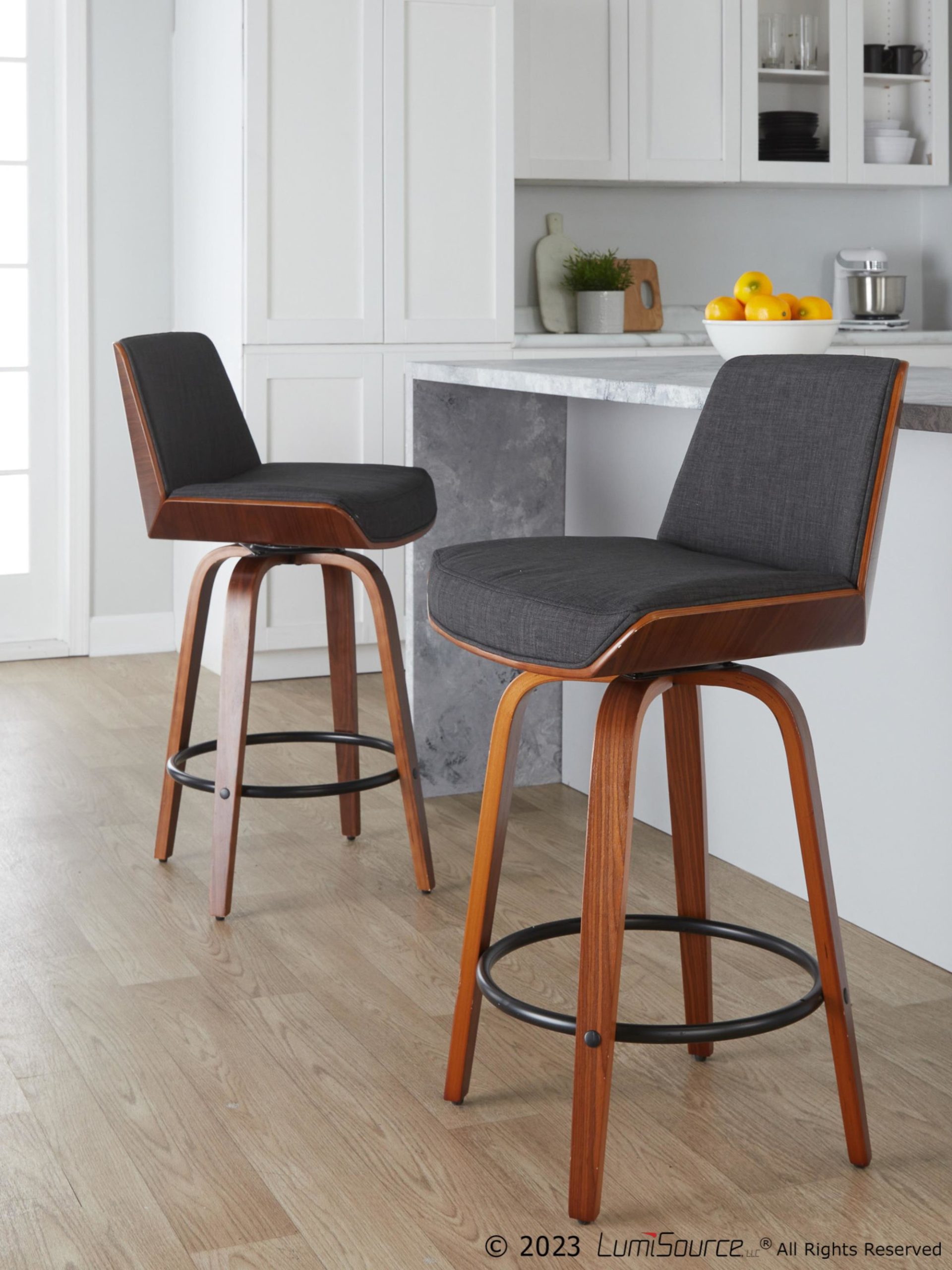 Corazza 26-Inch Mid-Century Modern Charcoal Swivel Counter Stools w/ Black Metal Footrest (Set of 2) 2 Corazza 26-Inch Mid-Century Modern Charcoal Swivel Counter Stools w/ Black Metal Footrest (Set of 2) - Image 2