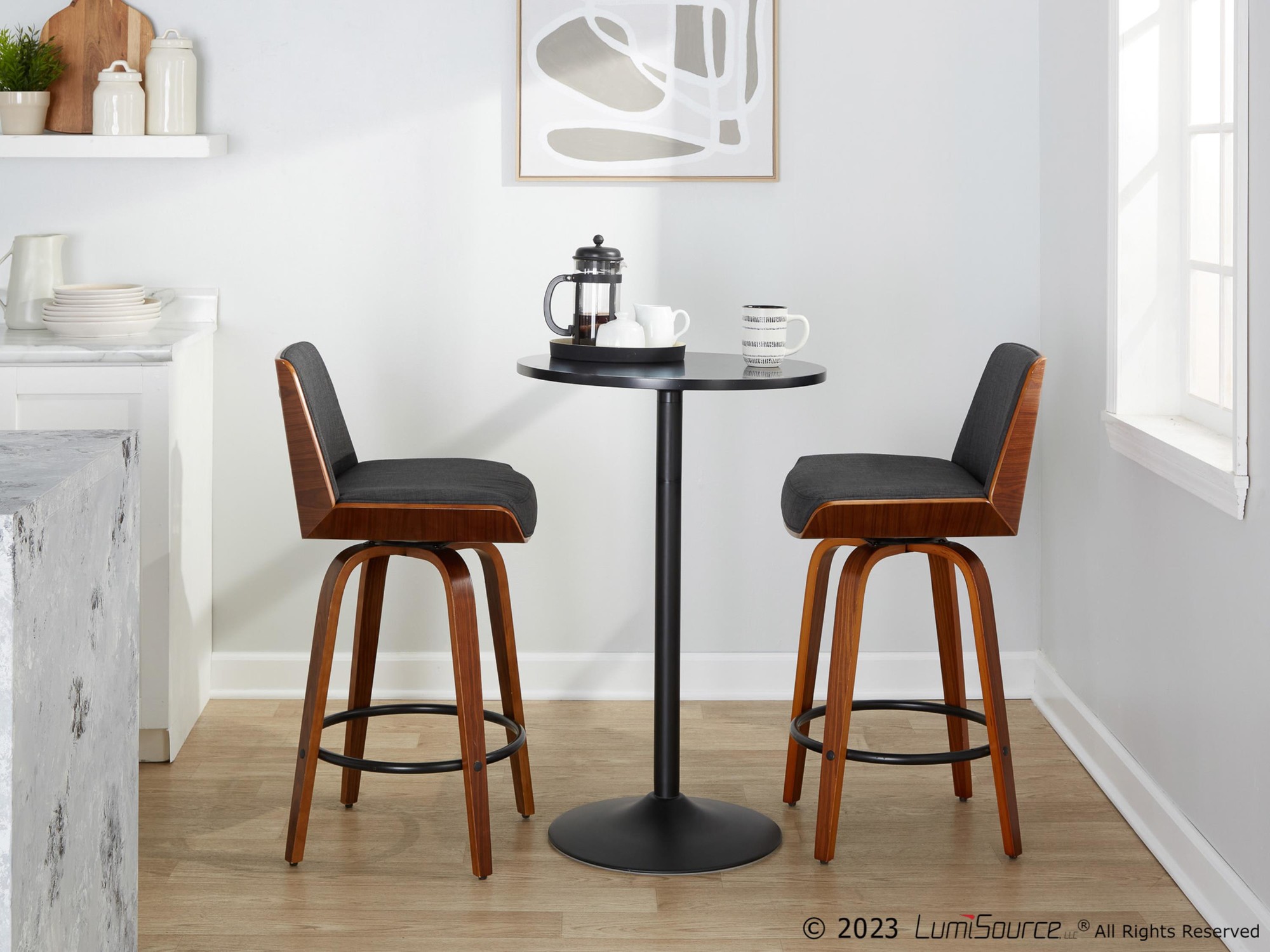 Corazza 26-Inch Mid-Century Modern Charcoal Swivel Counter Stools w/ Black Metal Footrest (Set of 2) 3 Corazza 26-Inch Mid-Century Modern Charcoal Swivel Counter Stools w/ Black Metal Footrest (Set of 2) - Image 3