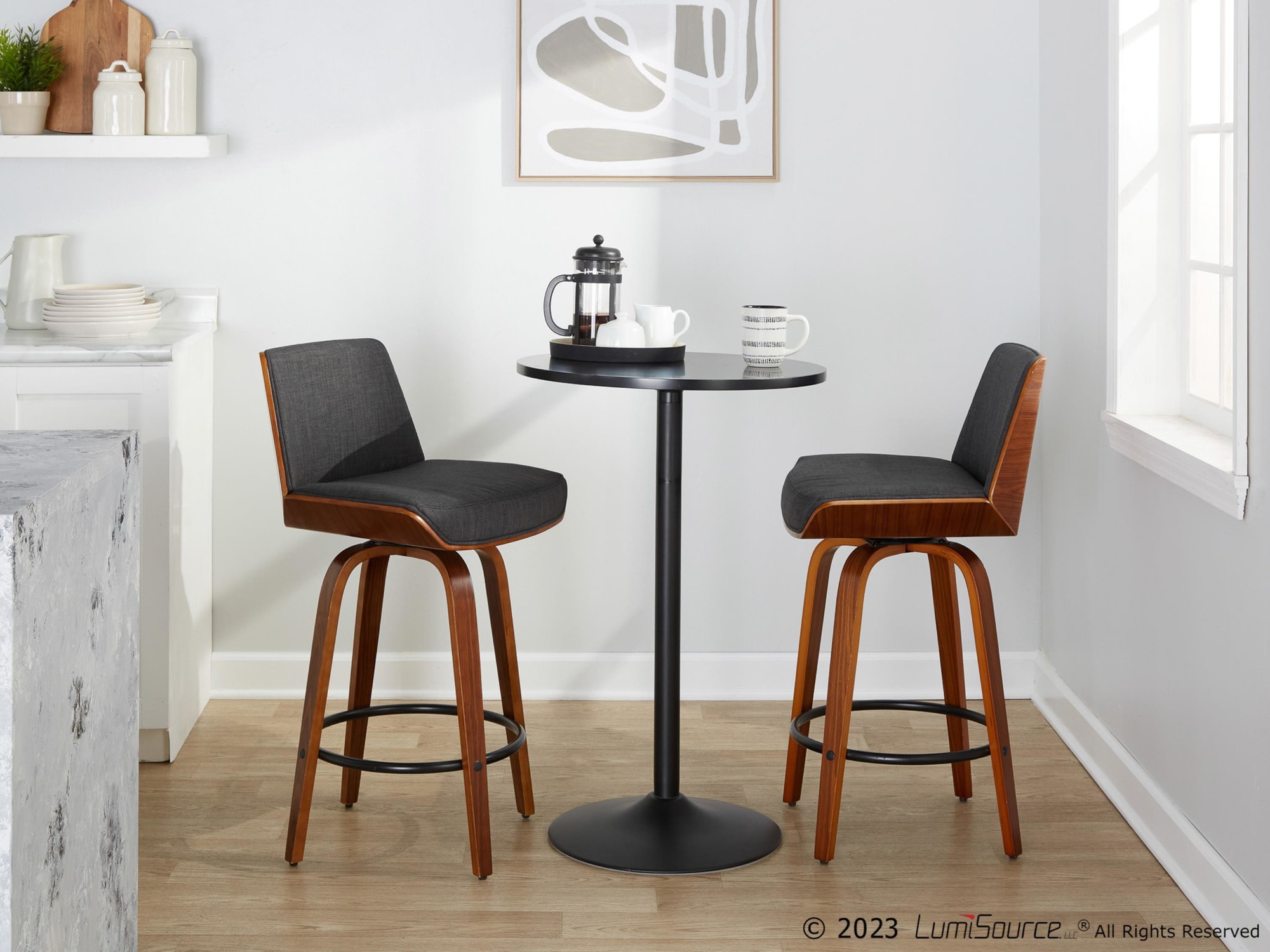Corazza 26-Inch Mid-Century Modern Charcoal Swivel Counter Stools w/ Black Metal Footrest (Set of 2) 4 Corazza 26-Inch Mid-Century Modern Charcoal Swivel Counter Stools w/ Black Metal Footrest (Set of 2) - Image 4