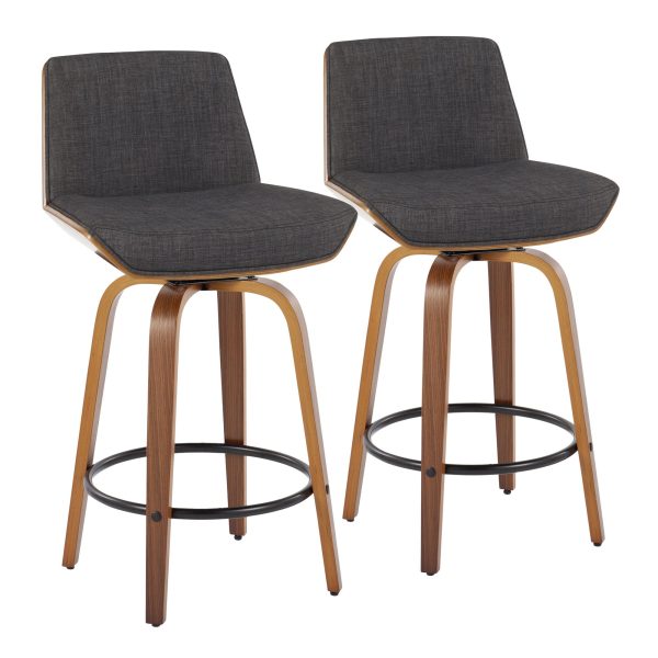 Corazza 26 Inch Mid Century Modern Charcoal Swivel Counter Stools w Black Metal Footrest Set of 2 4