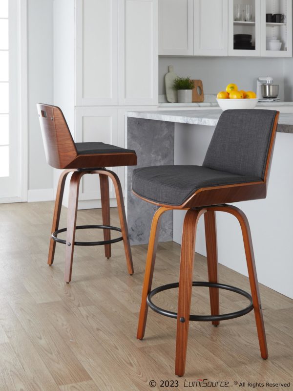 Corazza 26 Inch Mid Century Modern Charcoal Swivel Counter Stools w Black Metal Footrest Set of 2
