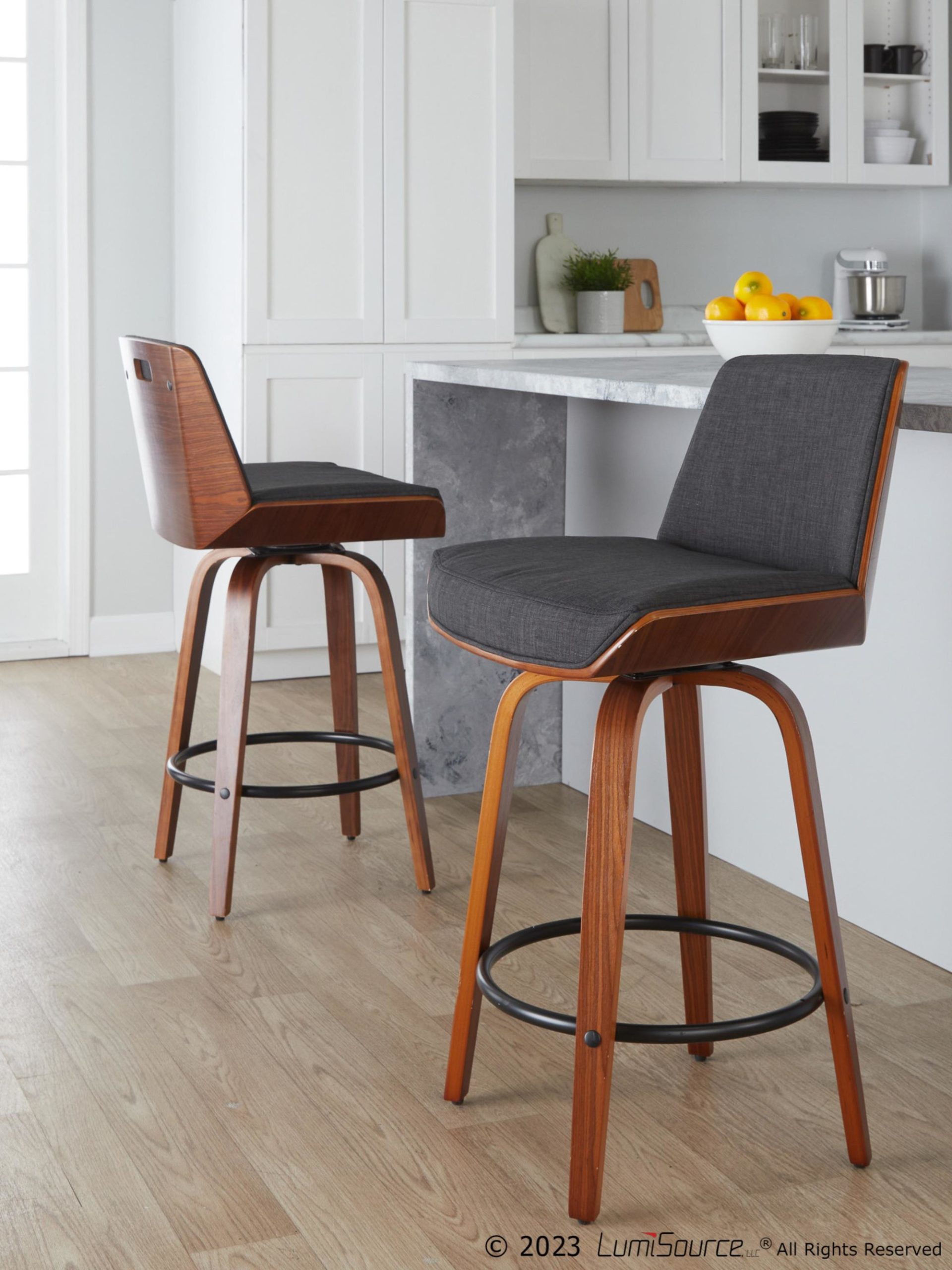 Corazza 26-Inch Mid-Century Modern Charcoal Swivel Counter Stools w/ Black Metal Footrest (Set of 2) 1 Corazza 26-Inch Mid-Century Modern Charcoal Swivel Counter Stools w/ Black Metal Footrest (Set of 2)