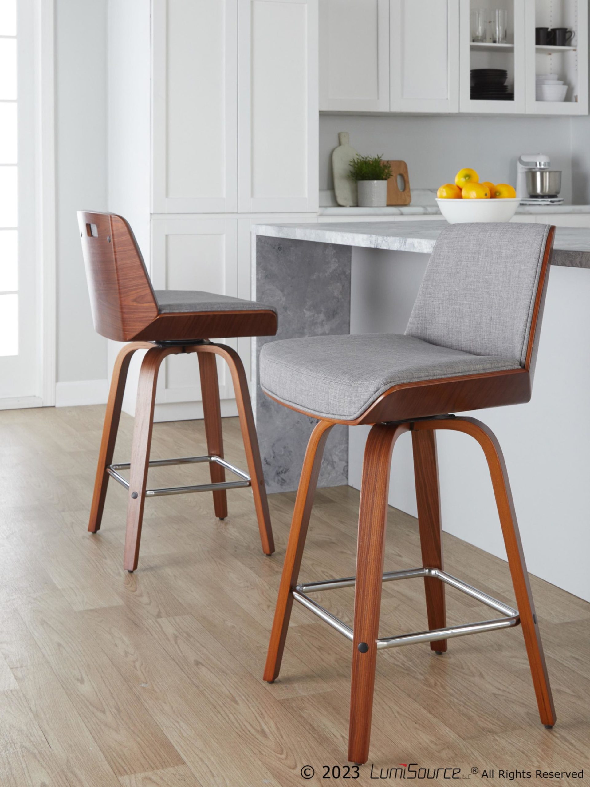 Corazza 26-Inch Mid-Century Modern Light Grey Swivel Counter Stools (Set of 2) 2 Corazza 26-Inch Mid-Century Modern Light Grey Swivel Counter Stools (Set of 2) - Image 2