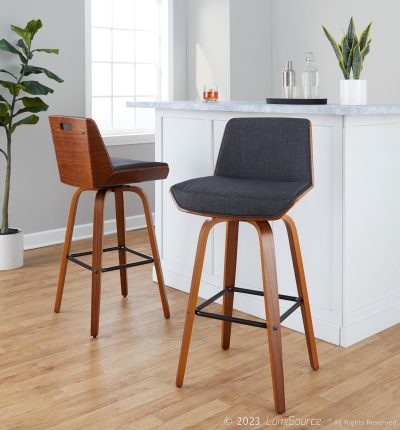 Corazza 30 Mid-Century Modern Swivel Barstool Walnut Charcoal (Set of 2)