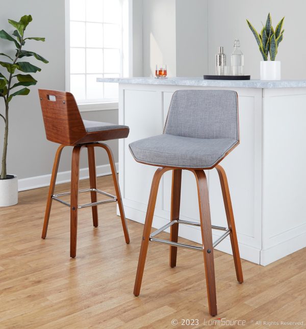 Corazza 30 Mid Century Modern Swivel Barstool Walnut Light Grey Set of 2 1