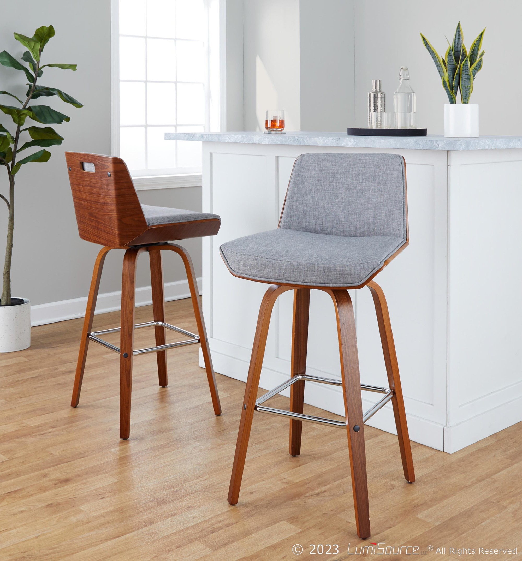 Corazza 30 Mid-Century Modern Swivel Barstool Walnut Light Grey (Set of 2) 2 Corazza 30 Mid-Century Modern Swivel Barstool Walnut Light Grey (Set of 2) - Image 2
