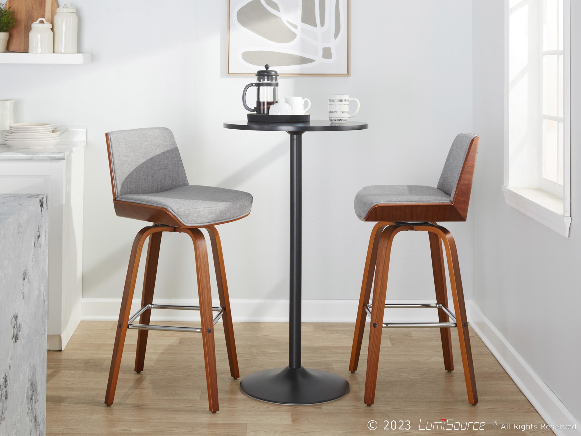 Corazza 30 Mid-Century Modern Swivel Barstool Walnut Light Grey (Set of 2) 3 Corazza 30 Mid-Century Modern Swivel Barstool Walnut Light Grey (Set of 2) - Image 3