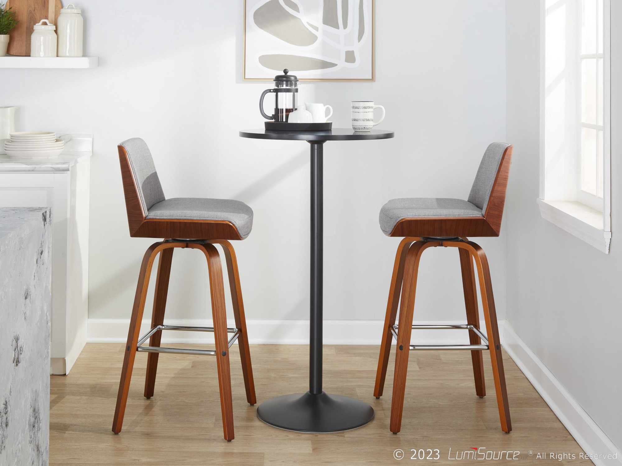 Corazza 30 Mid-Century Modern Swivel Barstool Walnut Light Grey (Set of 2) 4 Corazza 30 Mid-Century Modern Swivel Barstool Walnut Light Grey (Set of 2) - Image 4