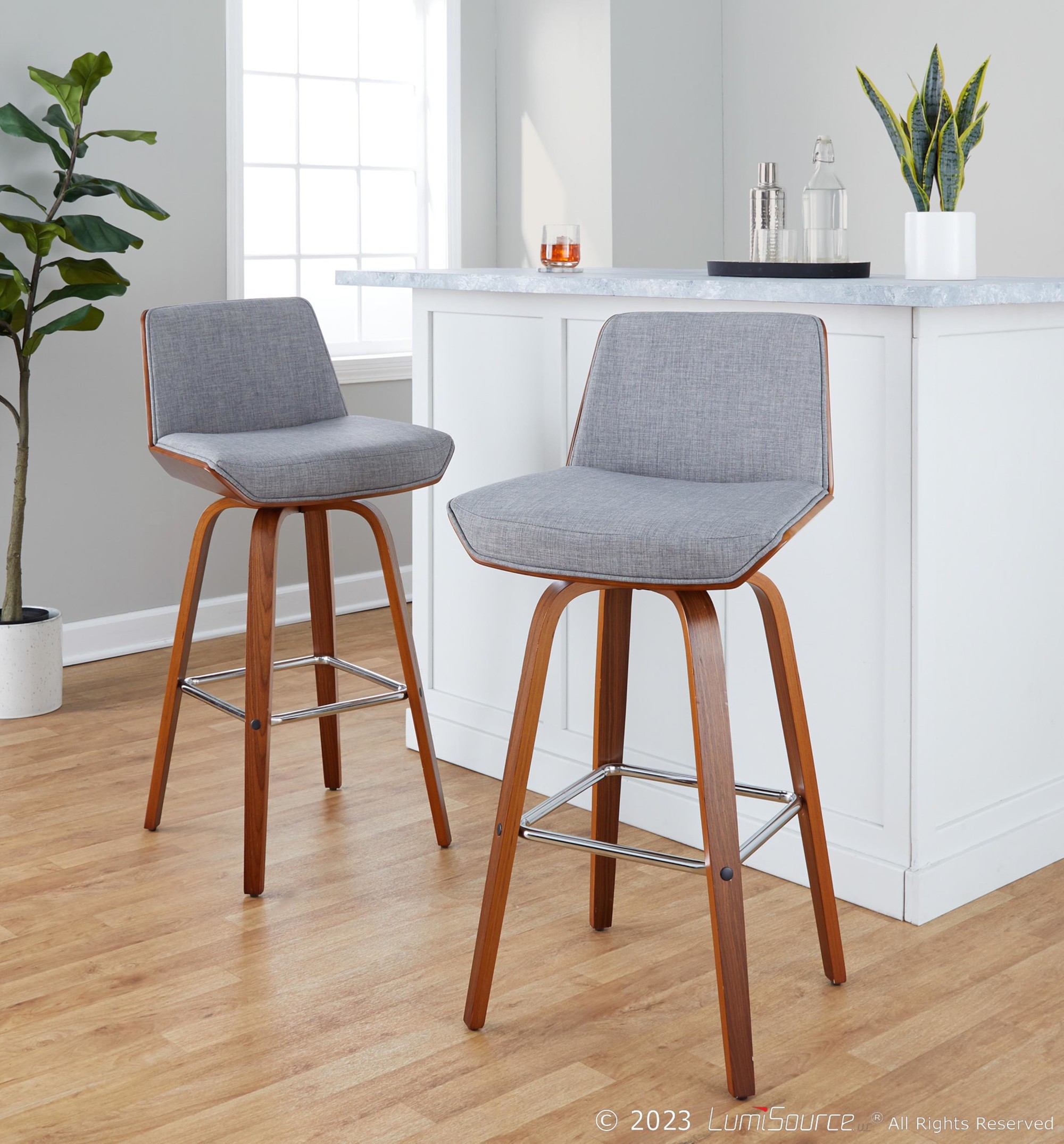 Corazza 30 Mid-Century Modern Swivel Barstool Walnut Light Grey (Set of 2) 1 Corazza 30 Mid-Century Modern Swivel Barstool Walnut Light Grey (Set of 2)