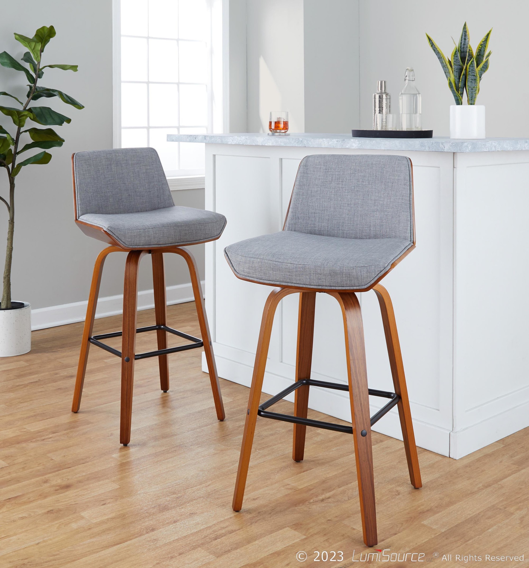 Corazza 30 Mid-Century Modern Walnut and Grey Barstool (Set of 2) 2 Corazza 30 Mid-Century Modern Walnut and Grey Barstool (Set of 2) - Image 2