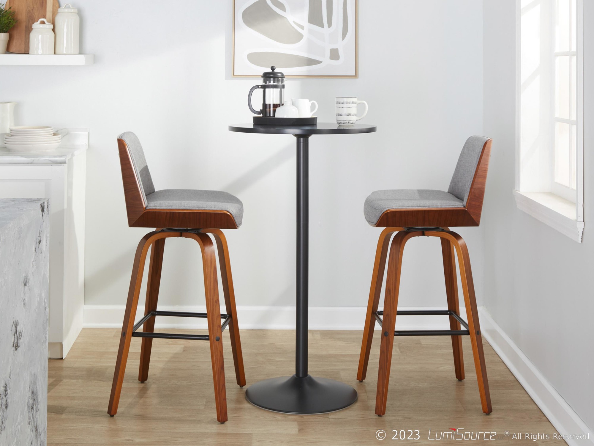 Corazza 30 Mid-Century Modern Walnut and Grey Barstool (Set of 2) 3 Corazza 30 Mid-Century Modern Walnut and Grey Barstool (Set of 2) - Image 3